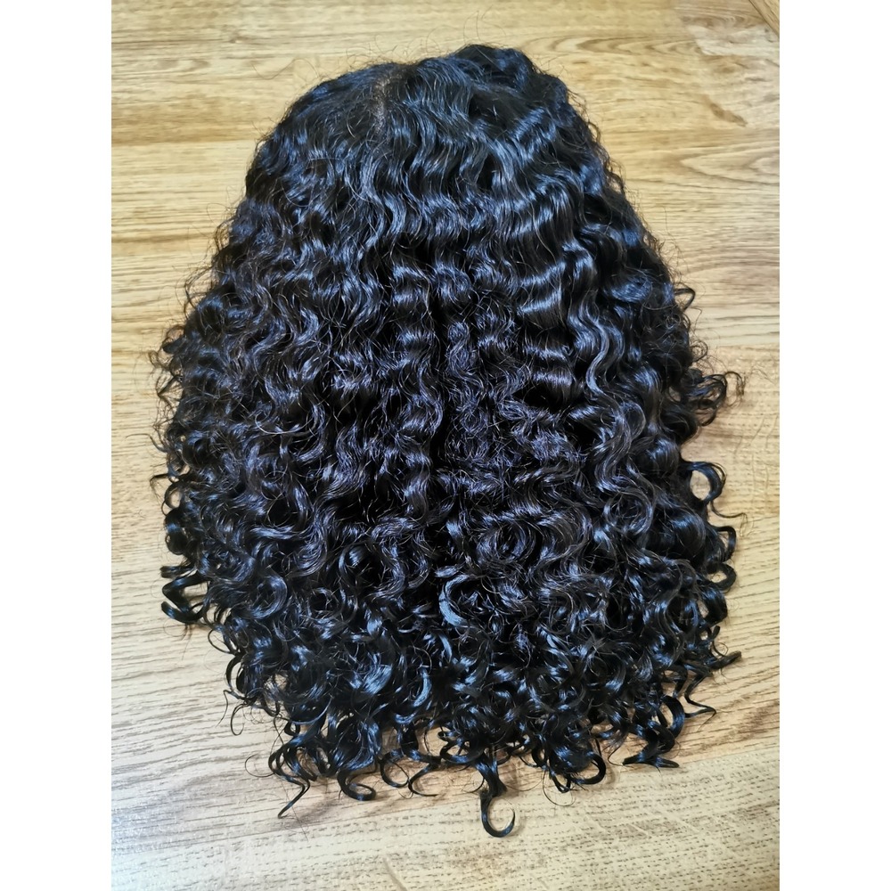 Quality Natural Black Burmese Curly Human Hair Glueless Front Closure Wig 12"